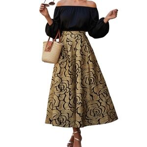 # A237  N by Nancy  Power Chic Gold & Black Floral Embroidered Skirt  NWT M